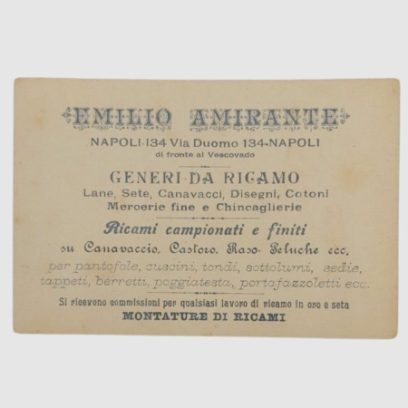Cartoncino pubblicitario Ditta Amirante generi da ricamo. www.colonneselibri.it