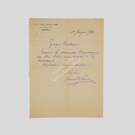 Onorato Fava Autografo Recensioni lettera autografa firmata 1922