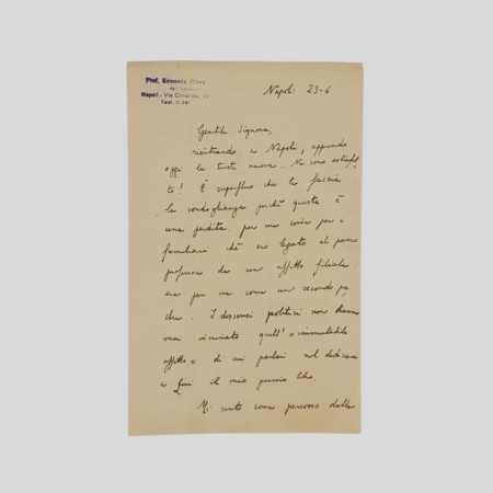 Edmondo Cione Lettera autografa firmata, condoglianze per la morte di Floriano Del Secolo 1949