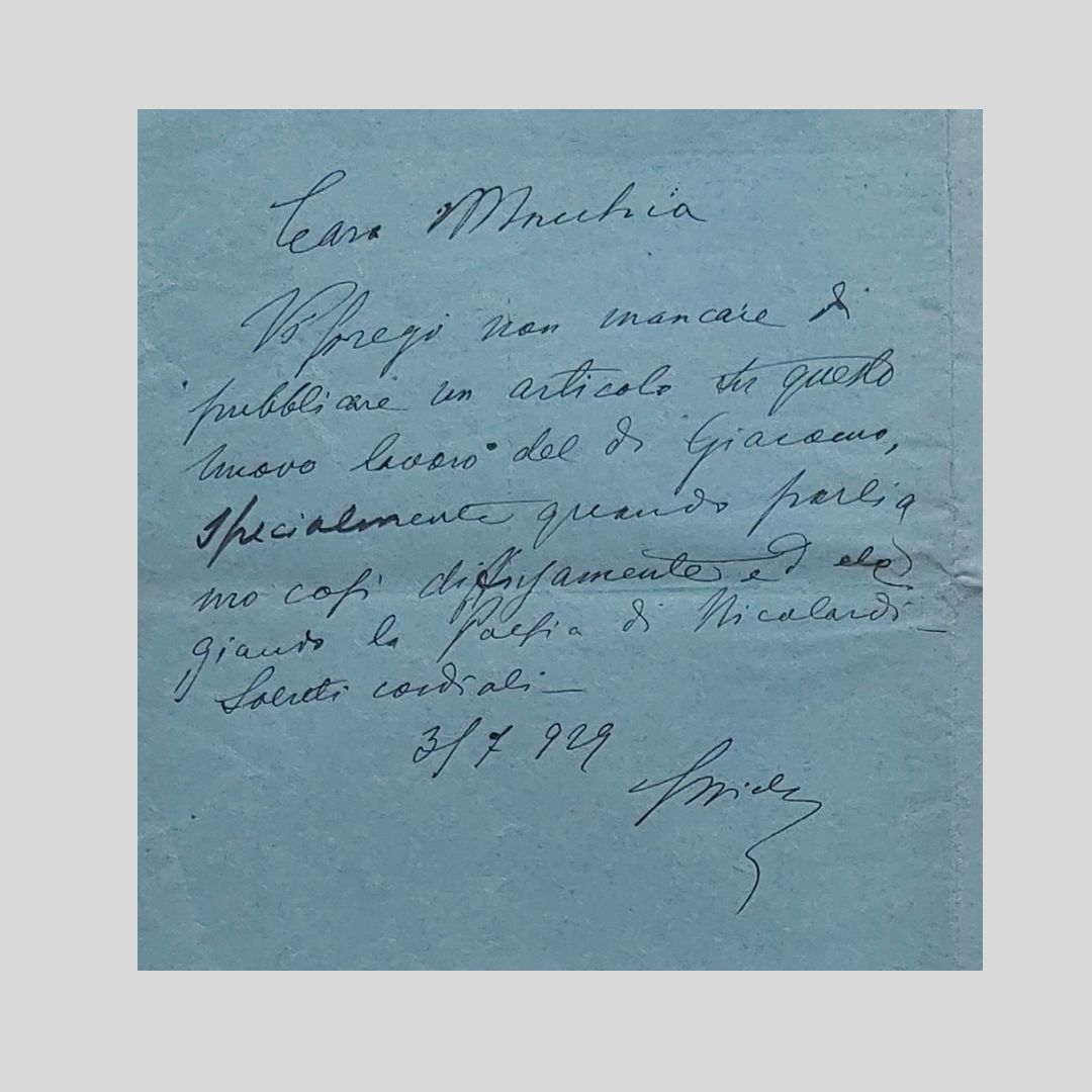 Manoscritto autografo di Ferdinando Bideri su volantino di Napoli, 1929