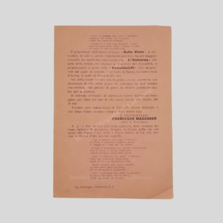 volantino pubblicitario apertura trattoria L'Universo Napoli Camaldoli . Propietario raffaele Mazzucco, il trevisano. Versi in dialetto napoletano. Rara forma di marketing pubblicitario ante litteram. Esemplare in carta leggera di colore rosa senza data, dopo il 1899