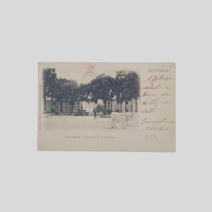 Battipaglia Piazza Mercato con buoi e fontana, caserma dei Reali Carabinieri Cartolina d'epoca 1904 recto